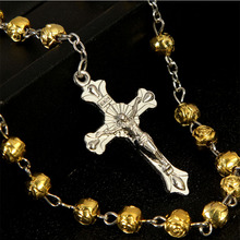 6mm Gold Rose Beads Rosary Pendant Necklace Alloy Cross Virgin Mary Center Catholic Christian Religious Jewelry 2024 - buy cheap