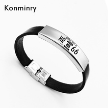 Konminry pulseira vintage do eua 66, bracelete em aço inoxidável com corrente pu preta para mulheres e homens, pulseira punk, presente, 2018 2024 - compre barato