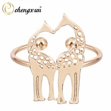 Chengxun adorável animal bonito simples anéis de dedo girafa duplo coração oco envoltório anéis empilháveis aberto ajustável senhora anéis 2024 - compre barato