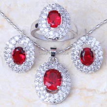 ¡Venta al por mayor! Rojo y Blanco Zirconia cúbica color plata pendientes de moda anillo COLLAR COLGANTE conjunto de joyería T089 2024 - compra barato