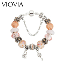 VIOVIA Chic Popular Women Bohemian Style Beige Charm Bracelet & Bangle of Crystal Beads with Lock and Key Pendants Gift  B15161 2024 - buy cheap