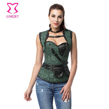 Corzzet Vintage Green Brocade Steampunk Corset And Jacket Waist Trainer Plus Size Spiral Boned Armor Corsets And Bustiers 2024 - buy cheap