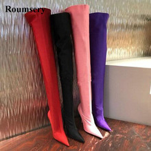 Women Sexy Pointed Toe Silk Slim Bandage Over Knee High Heel Boots Stiletto High Heels Elasticity Slip-on Bandage Boots 2024 - buy cheap