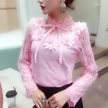 2019 Spring Autumn Women fashion Long Sleeve Blouse Sweet Floral Hollow Lace Shirt Female Bow Mesh Blouses Short Bottoming Tops 2024 - buy cheap