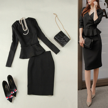 2022 Women's suit fashion Black Dress Long Sleeve Slim Jacket Solid color office ladies suits Jacket +  Skirt Two-piece suit 2024 - buy cheap