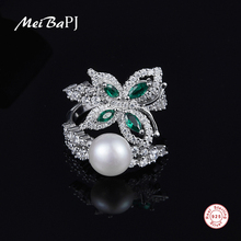 [MeiBaPJ]Fashion Real 925 Sterling Silver Green Stone Ring Natural Freshwater Pearl Butterfly Wedding Ring Fine Jewelry 2024 - buy cheap