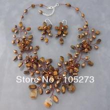 Impresionante collar de perlas de agua dulce naturales de ojo de tigre de bronce marrón S925 Silvers pendientes de flores juego de joyería de 18 ''4-16mm 2024 - compra barato