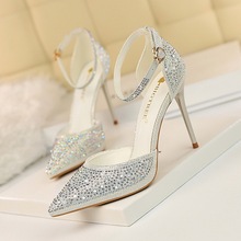 BIGTREE Women Pumps Sexy Sequined Cloth Shallow spring Pointed Hollow Word band 10cm Thin High Heels Women Wedding Shoes 2024 - buy cheap