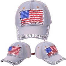 Мужская и женская джинсовая кепка с американским флагом, украшенная стразами, регулируемая бейсболка, кепка с заклепками в стиле хип-хоп, аксессуары для одежды 2024 - купить недорого