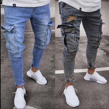 New Fashion Men Big Pocket Denim Trousers Fashion Ripped Jeans Denim Pants Elastic Waist Big Size Singer Costumes 2024 - buy cheap