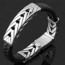 Pulseira masculina de couro trançado, 11.8mm, bracelete preto com fecho magnético de aço inoxidável, cor prata, 8.86" 2024 - compre barato