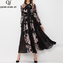 Qian Han Zi подиум макси платье с бантом воротник фонарь рукав лоскутный с вышивкой перья ретро женские вечерние длинные платья плюс размер 2024 - купить недорого