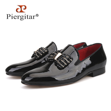 Piergitar  new black patent leather Handmade men loafers with rhinestone bowtie Banquet and wedding men dress shoes 2024 - buy cheap