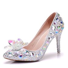 Zapatos de novia de tacón alto con diamantes de imitación para mujer, zapatos de Cenicienta de punta estrecha, elegantes, de cristal, para boda, 9,5 CM, nuevos 2024 - compra barato