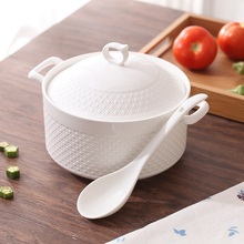 Guci yi xing kitchen Household Ceramic Soup Bowl with cover ears anti - scalding large soup tray simple white embossed microwave 2024 - buy cheap