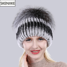 New Fluffy Good Elastic 100% Natural Rex Rabbit Fur Hat Women Winter Knitted Real Sliver Fox Fur Cap Russian Lady Real Fur Hats 2024 - buy cheap