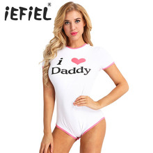 iEFiEL Sexy Women Adults I Love Daddy Pattern Short Sleeve Snap Crotch Romper Thong Leotard Jumpsuit Bodysuit Cosplay Nightwear 2024 - buy cheap