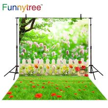 Funnytree-fundo para estúdio fotográfico, capa de grama, ovos de árvore, cerca, flor de páscoa, bokeh, cenário de fotografia, fotochamada 2024 - compre barato