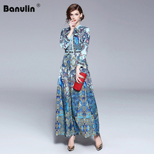 Banulin New 2018 Fashion Runway Designer Summer Autumn Dress Women's Bow Collar Animal Floral Print Pleated Vintage Maxi Dresses 2024 - buy cheap