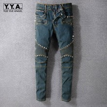 Vintage Washed Mens Biker Jeans Punk Style Studded Slim Fit Pleated Pencil Pants Rivet Motorcycle Denim Pants Big Size Trousers 2024 - buy cheap