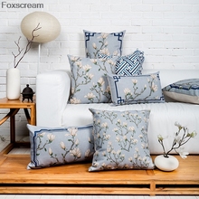 Chinese Decorative Pillows Cases Flower Cushion Cover Blue throw pillows cusion Couch Cushions home Decor Linen Cushion for sofa 2024 - buy cheap