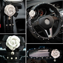 Crystal Rhinestones Flower Car Interior Accessories Women Leather Wheel Cover Hand Cover Seat belt, Car Interior Accessories sets, Seat covers & supports, for women, four seasons 2024 - buy cheap