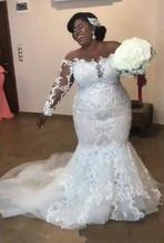 Vestidos de novia de sirena africana, traje de novia increíble con cola de barrido, apliques de encaje, manga larga, de talla grande 2024 - compra barato