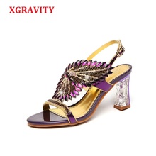 XGRAVITY 2021 Sexy Women Genuine Leather Shoes Strange Chunky Heels Shoes Lady Transparent Heel Rhinestone Sandals Female A107 2024 - buy cheap