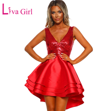 Liva lindo vestido de skatista com lantejoulas douradas, vestido de skatista feminino sensual com gola v sem mangas para clube, vestidos mini vermelhos rosa e pretos 2024 - compre barato