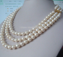 LL<<< 0731 3 row strands natural 9-10mm akoya white pearl necklace 18"19"20" 2024 - buy cheap
