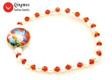 Qingmos Trendy 5-6mm White Natural Pearl Bracelets for Women with Red Crystal and 18mm Cloisonne Bracelet Jewelry 7.5'' bra397 2024 - buy cheap