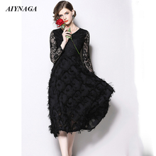 Female Dress 2018 England Style Autumn Winter Medium Long Lace Dress Elegant Slim V Neck Plus Size Dinner Dresses For Women 2024 - buy cheap