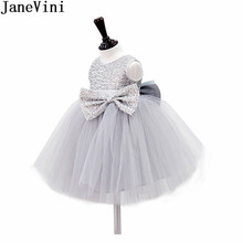 JaneVini Bling Silver Sequined Top Kids Prom Dress Gray Ball Gowns Big Bow Flower Girl Dresses Short Tulle Christmas Party Gowns 2024 - buy cheap