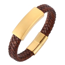 Brown Braided Leather Bracelet Men Jewelry Punk Golden Stainless Steel Magnetic Clasp Vintage Bracelet Bangles Male Charm SP0250 2024 - buy cheap