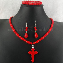 Envío Gratis, joyería hermosa, collar de Cruz redonda howlita roja, conjunto de pulsera y pendientes G4613 2024 - compra barato