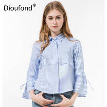 Dioufond Striped Flare Sleeve Women's Blouses Bow Short Ladies Tops Cotton Three Quarter Women Shirt Casual Turn-down Collar Top 2024 - buy cheap