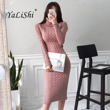 Solid Women Pencil Dress 2019 Spring Pink Blue Off White Long Sleeve Turtleneck Knee-length Casual Knitted Elbise Office Dresses 2024 - buy cheap