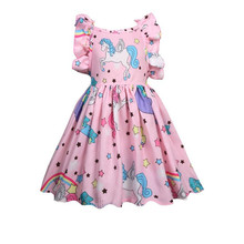 Нарядное Радужное платье с единорогом для девочек, праздничное платье принцессы с единорогом Летние Детские платья для девочек, розовое платье с оборками для детей от 2 до 7 лет 2024 - купить недорого