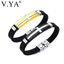 V.YA, винтажный силиконовый браслет для мужчин, модный браслет ручной работы, черный, золотой, серебряный цвет, стальной крест, мужские ювелирные изделия, браслеты 2024 - купить недорого