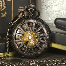 TIEDAN стимпанк Роскошные Антикварные черные механические карманные часы-скелетоны мужские на цепочке с ожерельем деловые повседневные карманные часы 2024 - купить недорого