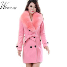 WMWMNU winter fashion slim long wool coat women Big Fur Collar Double Breasted warm wool jacket Elegant vintage pink coat 2024 - buy cheap