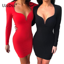 UZZDSS 2020 сексуальное облегающее мини-платье с глубоким вырезом для клувечерние черные белые красные синие женские осенние платья-футляры с длинным рукавом 2024 - купить недорого