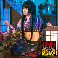 Japanese Sweet Kimono Cos Woman Halloween Party Anime Hell Girl Jigoku Shoujo Cosplay Costumes Cherry Blossom Kimono+belt 2024 - buy cheap