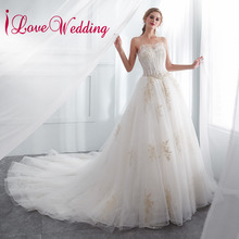 iLoveWedding vestido de noiva Sweetheart Gold Lace Applique Sleeveless Court Train A Line Tulle Wedding Dress 2024 - buy cheap