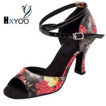 HXYOO Women Latin Shoes Ballroom Dance Shoes Salsa Ladies Satin Soft Sole Red Flower With Black High Heel Peep Toe WK007 2024 - buy cheap
