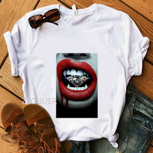 Vermelho lábio e diamante desenho camisetas brancas verão harajuku casual camisetas 100% algodão camiseta feminina super macia camiseta hipster 2024 - compre barato