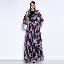 2020  Autumn Newest O-Neck Full Sleeve Bohemian Purple Tulip Print Expansion Temperament  Ankle-Length Fashion Long Dress Women 2024 - buy cheap