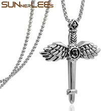SUNNERLEES Jewelry Stainless Steel Feather Cross Pendant Necklace Punk Style Link Chain Silver Color Boy Men SP55 2024 - buy cheap