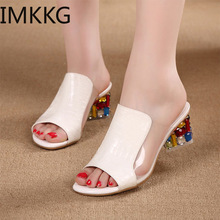 2019 Summer Women Slippers Open Toe High Heels Dress Shoes Rhinestone Heeled Pumps Transparent Slides Woman A00244 2024 - buy cheap