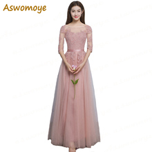 Aswomoye Elegant Evening Dress Long 2018 New Appliques Half Sleeve Pink Party Dress Illusion O-neck robe de soiree 2024 - buy cheap